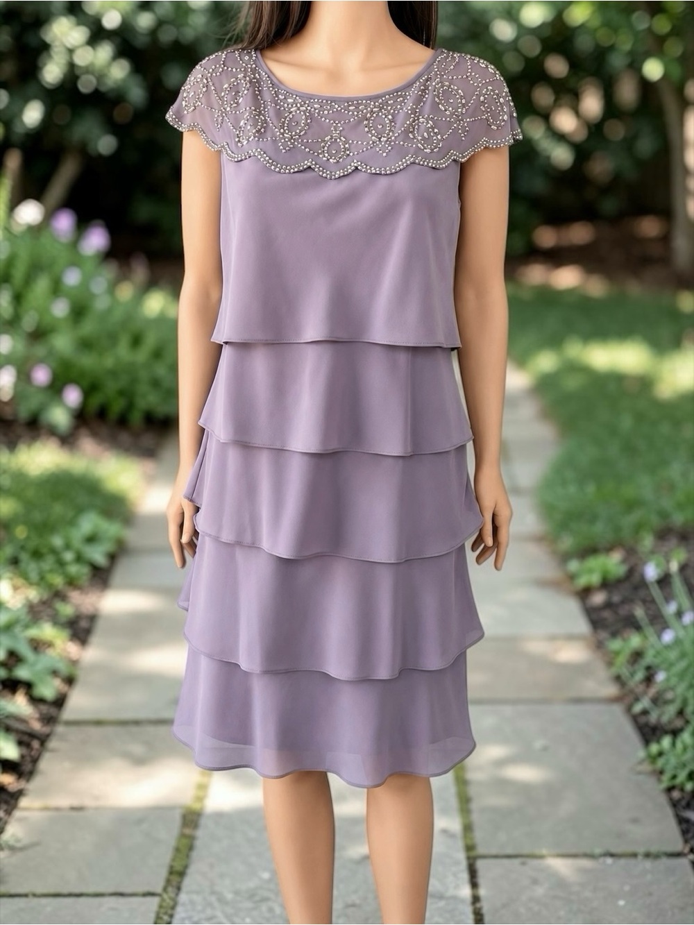 Patra Lilac Beaded Tiered Chiffon Cocktail Dress Size 8